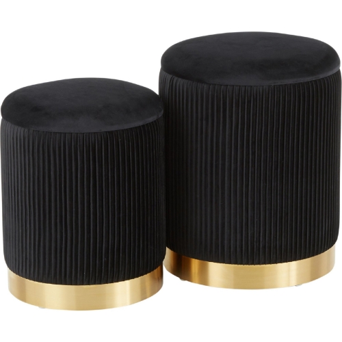Marla Nesting Pleated Ottoman Set in Black Velvet & Gold Metal